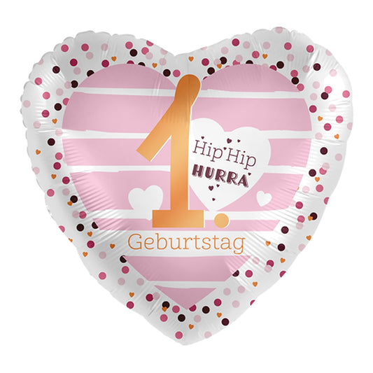 1. Geburtstag Hurra rosa Herz Folienballon – Grösse: Midi · ungefüllt