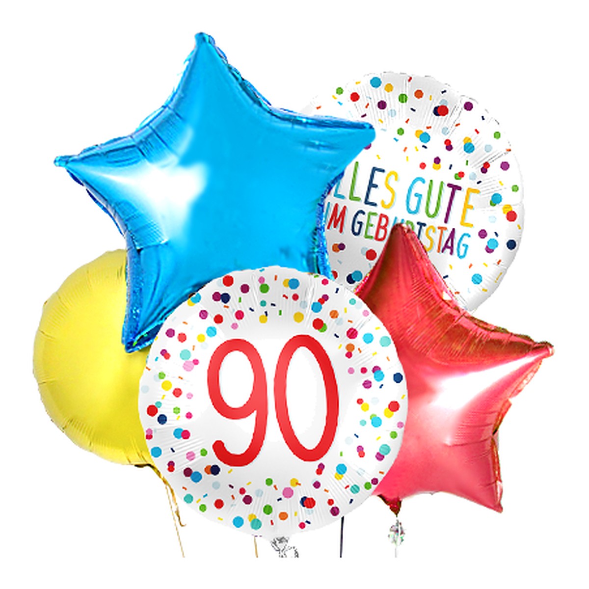Ballon-Bouquet 90. Geburtstag farbig – Bouquet aus 5 Ballons · mit Helium aufgeblasen