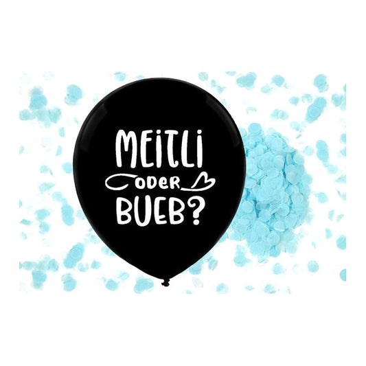 Gender Reveal Ballon Bueb – Riesenballon: schwarz - Konfetti: hellblau