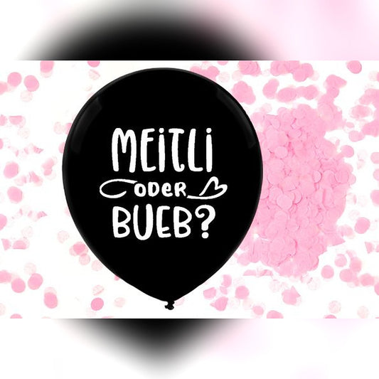 Gender Reveal Ballon Meitli – Riesenballon: schwarz - Konfetti: rosa