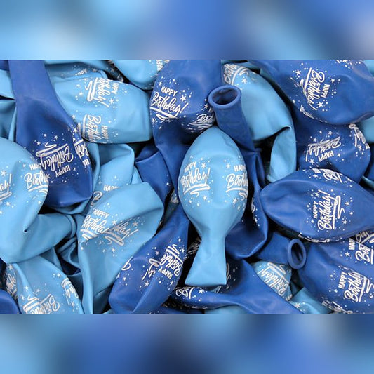 Happy Birthday Ballons blau – Ballons: hellblau & blau - Druck: weiss - 33 cm
