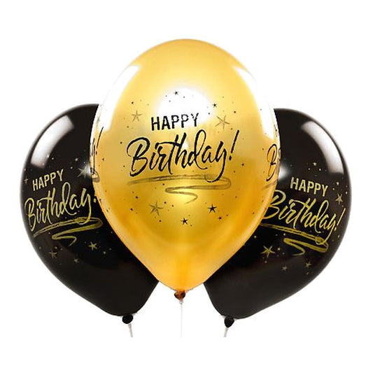 Happy Birthday Ballons gold – Ballons: gold/schwarz - Druck: schwarz/gold - 33 cm