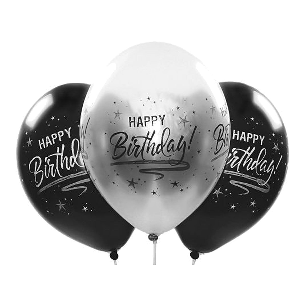 Happy Birthday Ballons silber – Ballons: silber/schwarz - Druck: schwarz/weiss - 33 cm