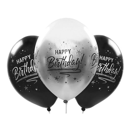 Happy Birthday Ballons silber – Ballons: silber/schwarz - Druck: schwarz/weiss - 33 cm
