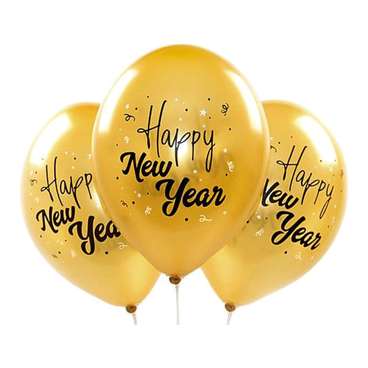 Happy New Year Ballons gold – Ballons: gold - Druck: schwarz & weiss - 33 cm