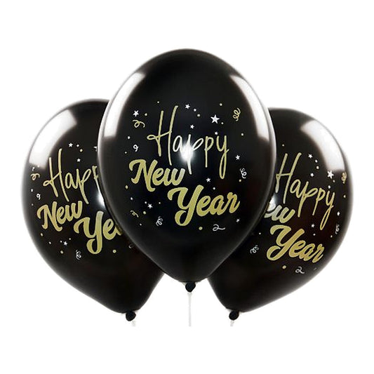 Happy New Year Ballons schwarz – Ballons: schwarz - Druck: gold & weiss - 33 cm