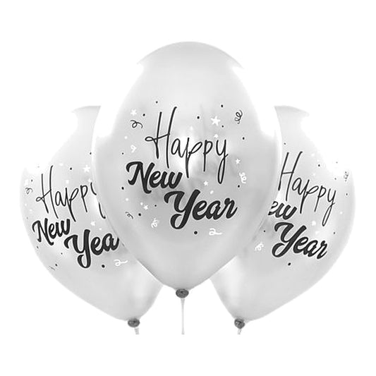 Happy New Year Ballons silber – Ballons: silber - Druck: schwarz & weiss - 33 cm
