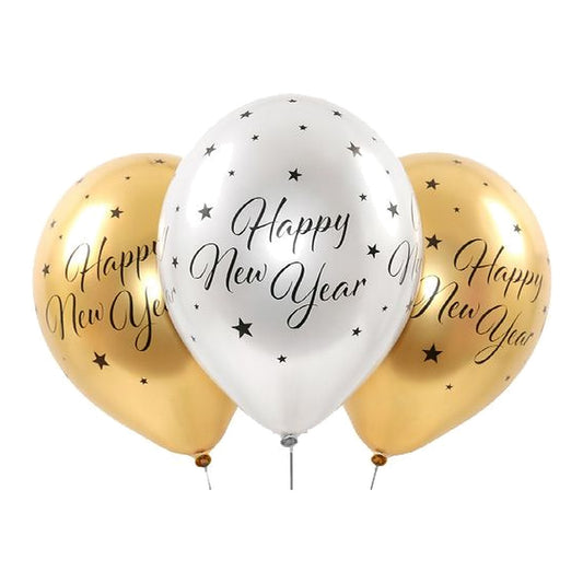 Happy New Year chrome Ballons – Ballons: gold & silber chrome - Druck: schwarz - 33 cm