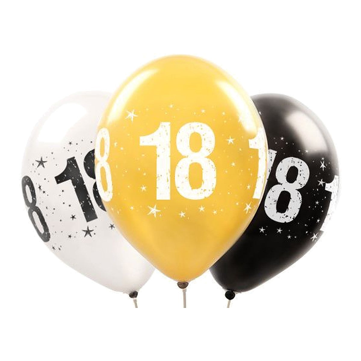 Zahlen Ballons 18 metallic – Ballons: gold/silber/schwarz - Druck: schwarz/weiss - 33 cm
