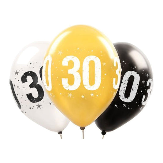 Zahlen Ballons 30 metallic – Ballons: gold/silber/schwarz - Druck: schwarz/weiss - 33 cm