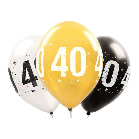 Zahlen Ballons 40 metallic – Ballons: gold/silber/schwarz - Druck: schwarz/weiss - 33 cm