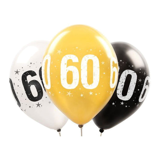 Zahlen Ballons 60 metallic – Ballons: gold/silber/schwarz - Druck: schwarz/weiss - 33 cm