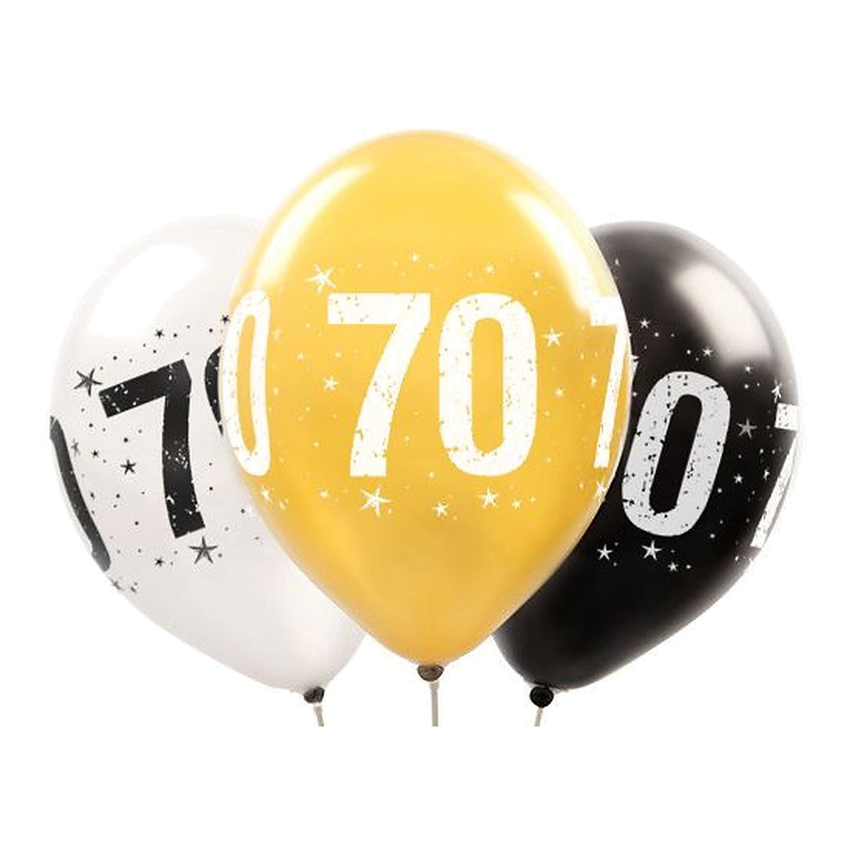 Zahlen Ballons 70 metallic – Ballons: gold/silber/schwarz - Druck: schwarz/weiss - 33 cm